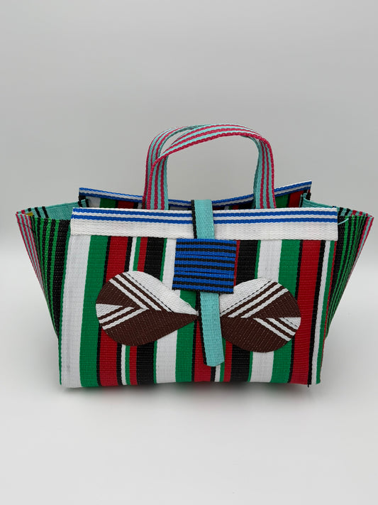 Arabian Large handwoven tote bag by SCRUBIES in Green,White,Red,Black with Stripes design and Bow  accent pattern