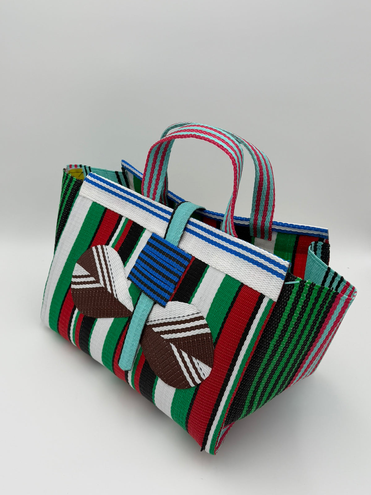 Arabian Large handwoven tote bag by SCRUBIES in Green,White,Red,Black with Stripes design and Bow  accent pattern