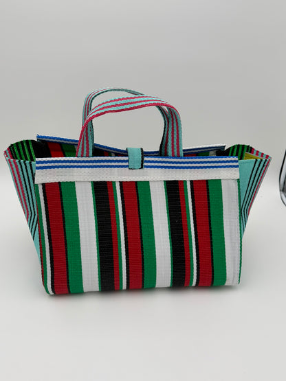 Arabian Large handwoven tote bag by SCRUBIES in Green,White,Red,Black with Stripes design and Bow  accent pattern