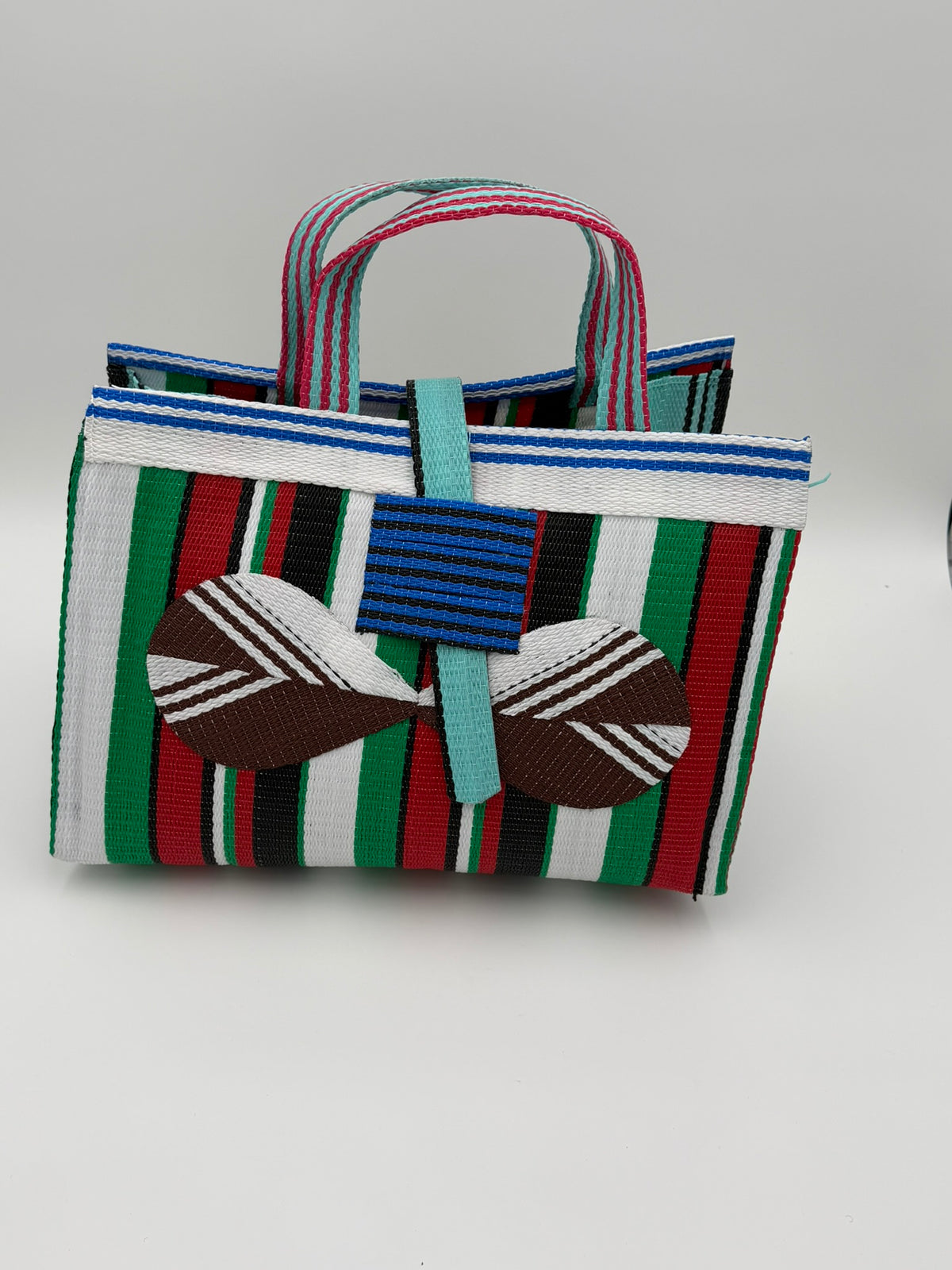 Arabian Large handwoven tote bag by SCRUBIES in Green,White,Red,Black with Stripes design and Bow  accent pattern
