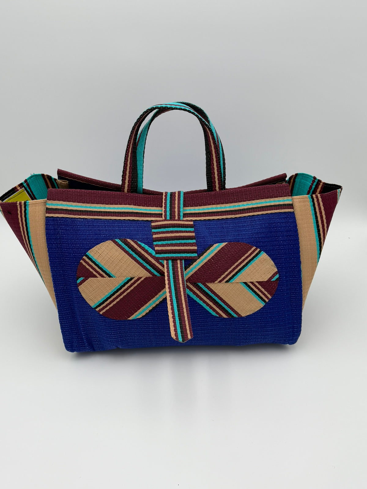 Berry Large handwoven tote bag by SCRUBIES in Blue,Beige,Brown with Solid design and Bow accent pattern