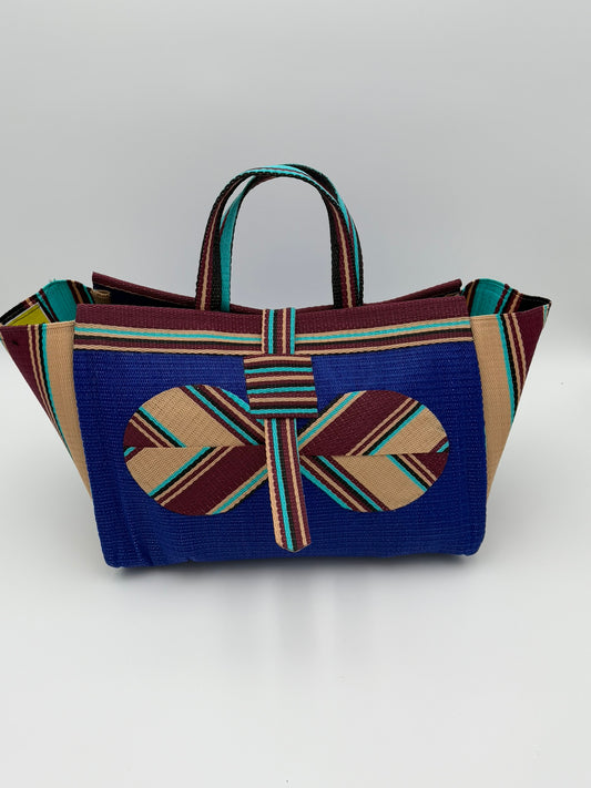 Berry Large handwoven tote bag by SCRUBIES in Blue,Beige,Brown with Solid design and Bow accent pattern