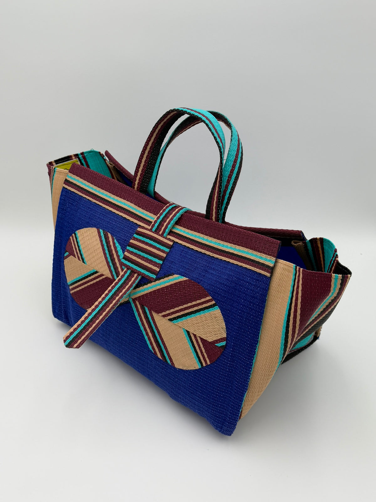 Berry Large handwoven tote bag by SCRUBIES in Blue,Beige,Brown with Solid design and Bow accent pattern
