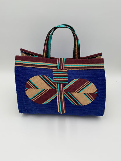 Berry Large handwoven tote bag by SCRUBIES in Blue,Beige,Brown with Solid design and Bow accent pattern