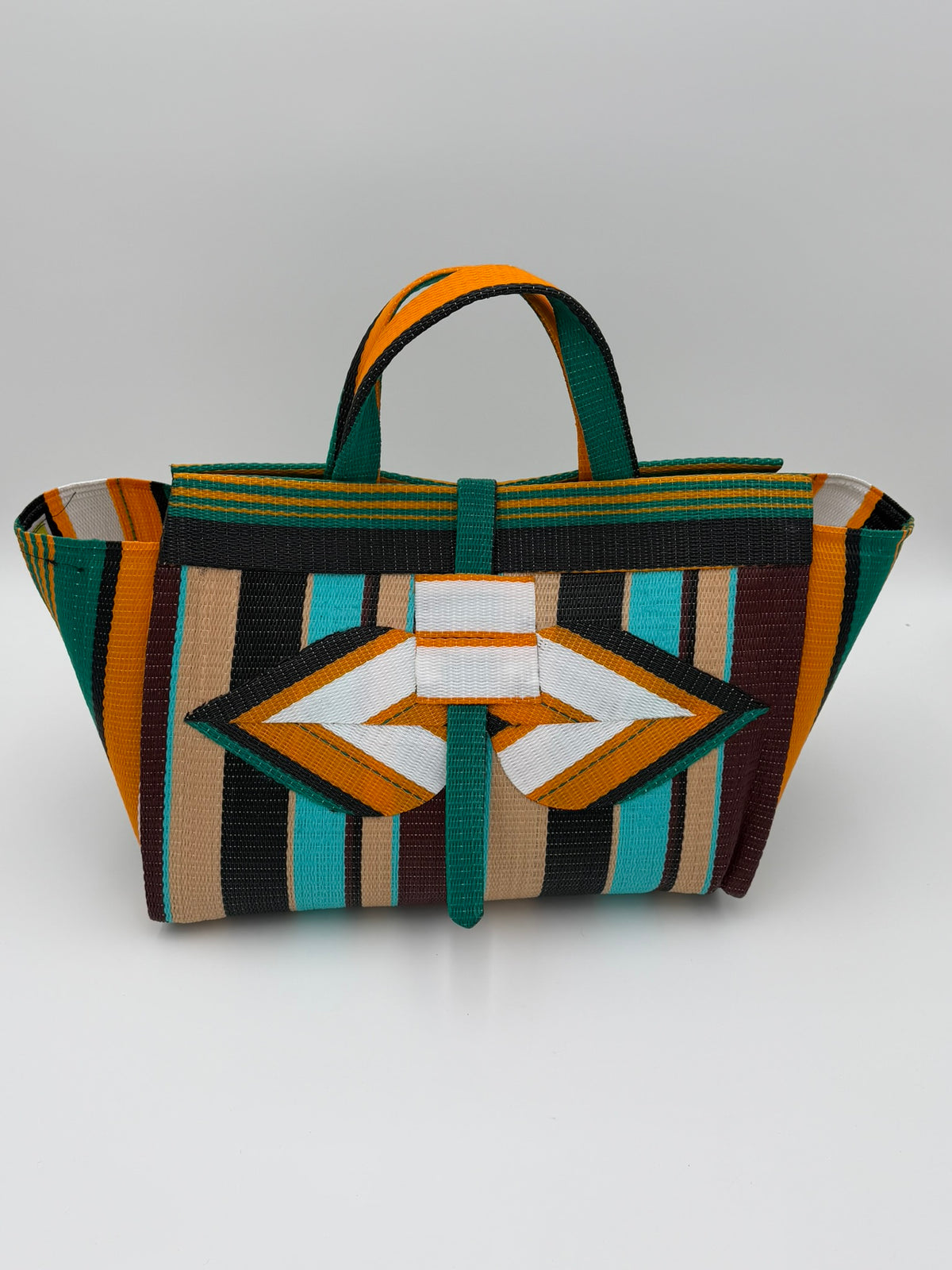 Boho Large handwoven tote bag by SCRUBIES in Orange,White,Teal,Beige,Black, with Stripes design and Bow accent pattern