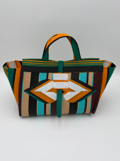 Boho Large handwoven tote bag by SCRUBIES in Orange,White,Teal,Beige,Black, with Stripes design and Bow accent pattern