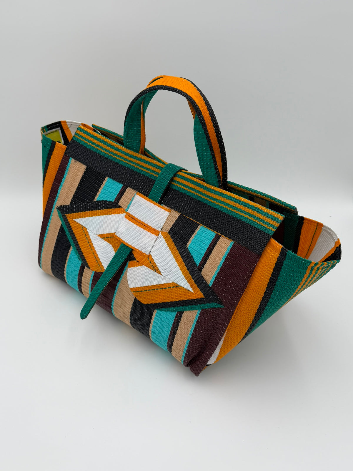 Boho Large handwoven tote bag by SCRUBIES in Orange,White,Teal,Beige,Black, with Stripes design and Bow accent pattern