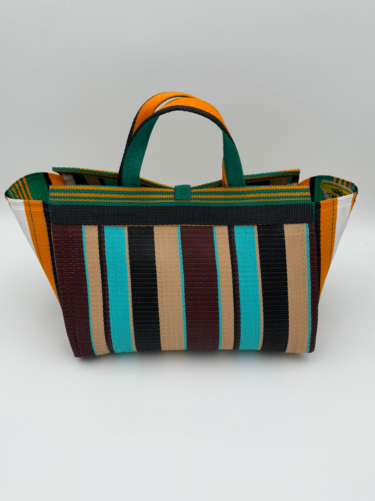 Boho Large handwoven tote bag by SCRUBIES in Orange,White,Teal,Beige,Black, with Stripes design and Bow accent pattern