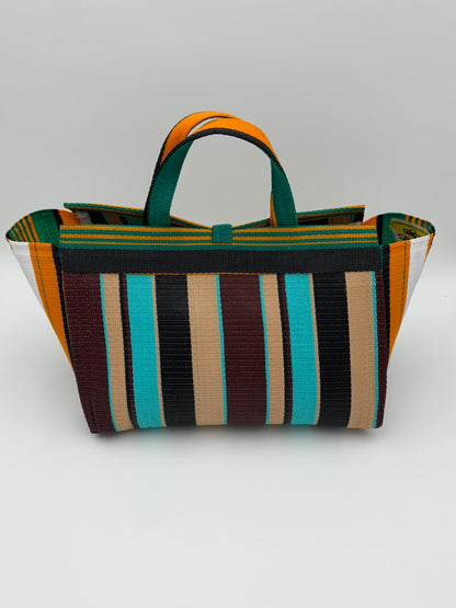 Boho Large handwoven tote bag by SCRUBIES in Orange,White,Teal,Beige,Black, with Stripes design and Bow accent pattern