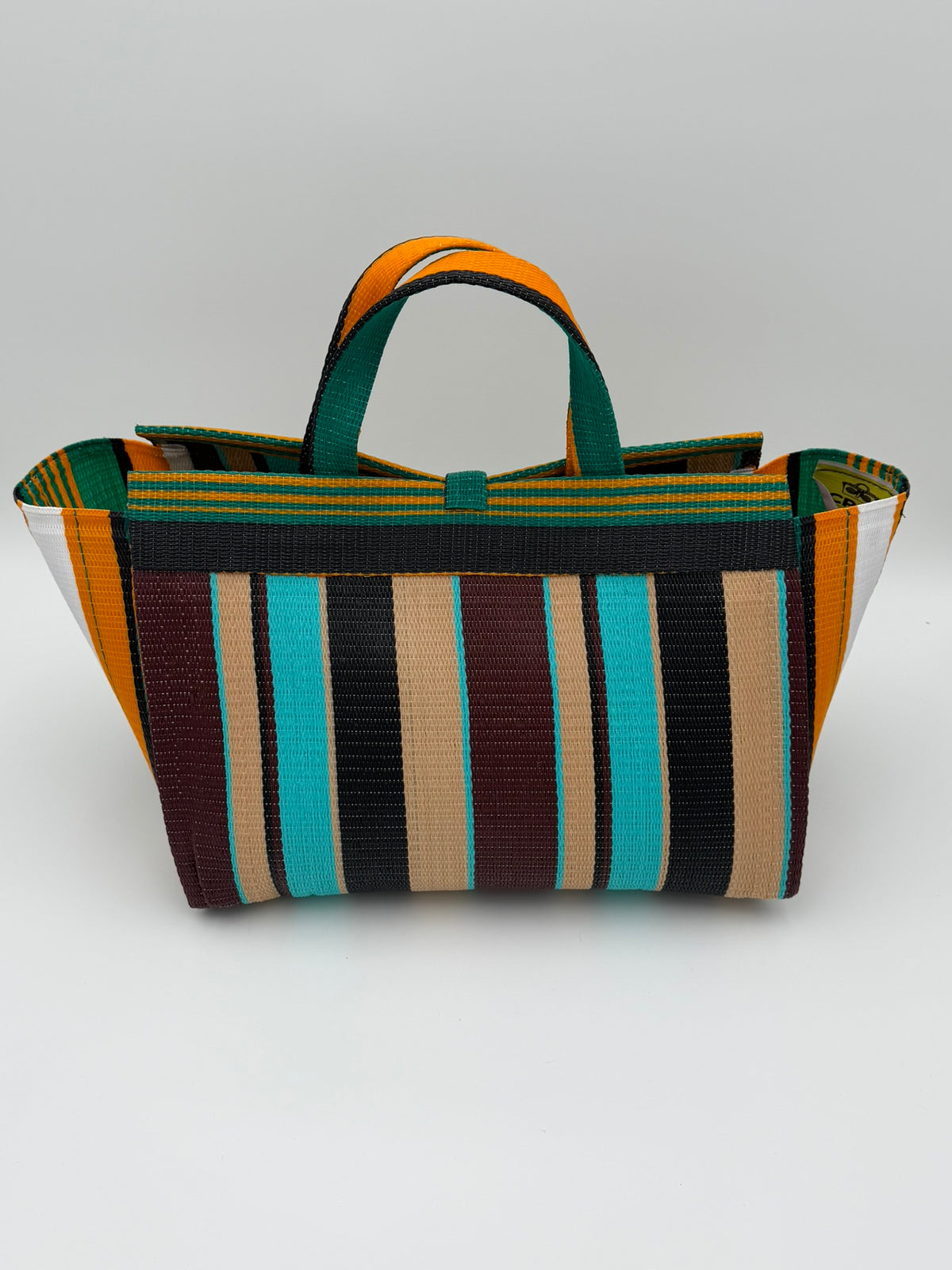 Boho Large handwoven tote bag by SCRUBIES in Orange,White,Teal,Beige,Black, with Stripes design and Bow accent pattern