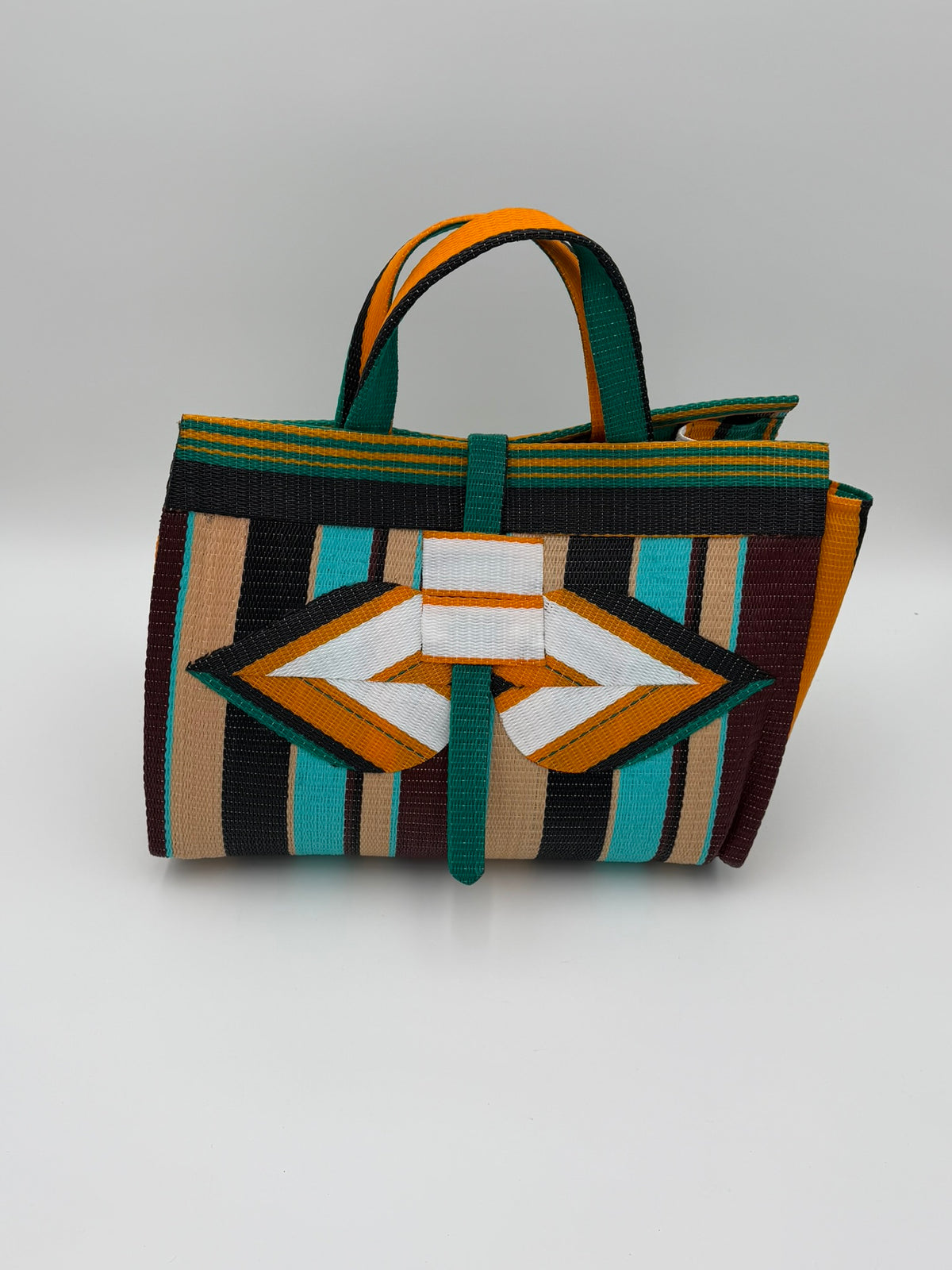 Boho Large handwoven tote bag by SCRUBIES in Orange,White,Teal,Beige,Black, with Stripes design and Bow accent pattern