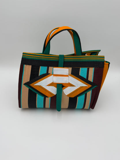 Boho Large handwoven tote bag by SCRUBIES in Orange,White,Teal,Beige,Black, with Stripes design and Bow accent pattern