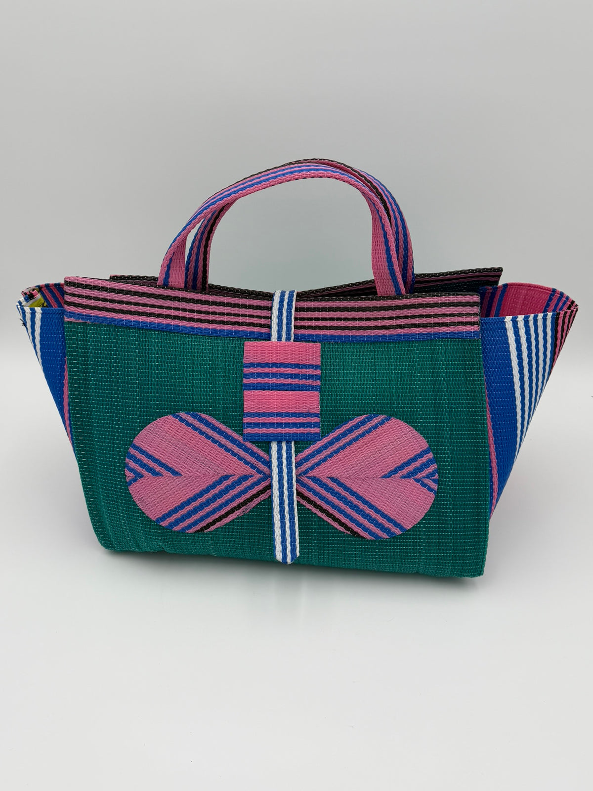 Candy Large handwoven tote bag by SCRUBIES in Green,Pink with Solid design and Bow accent pattern