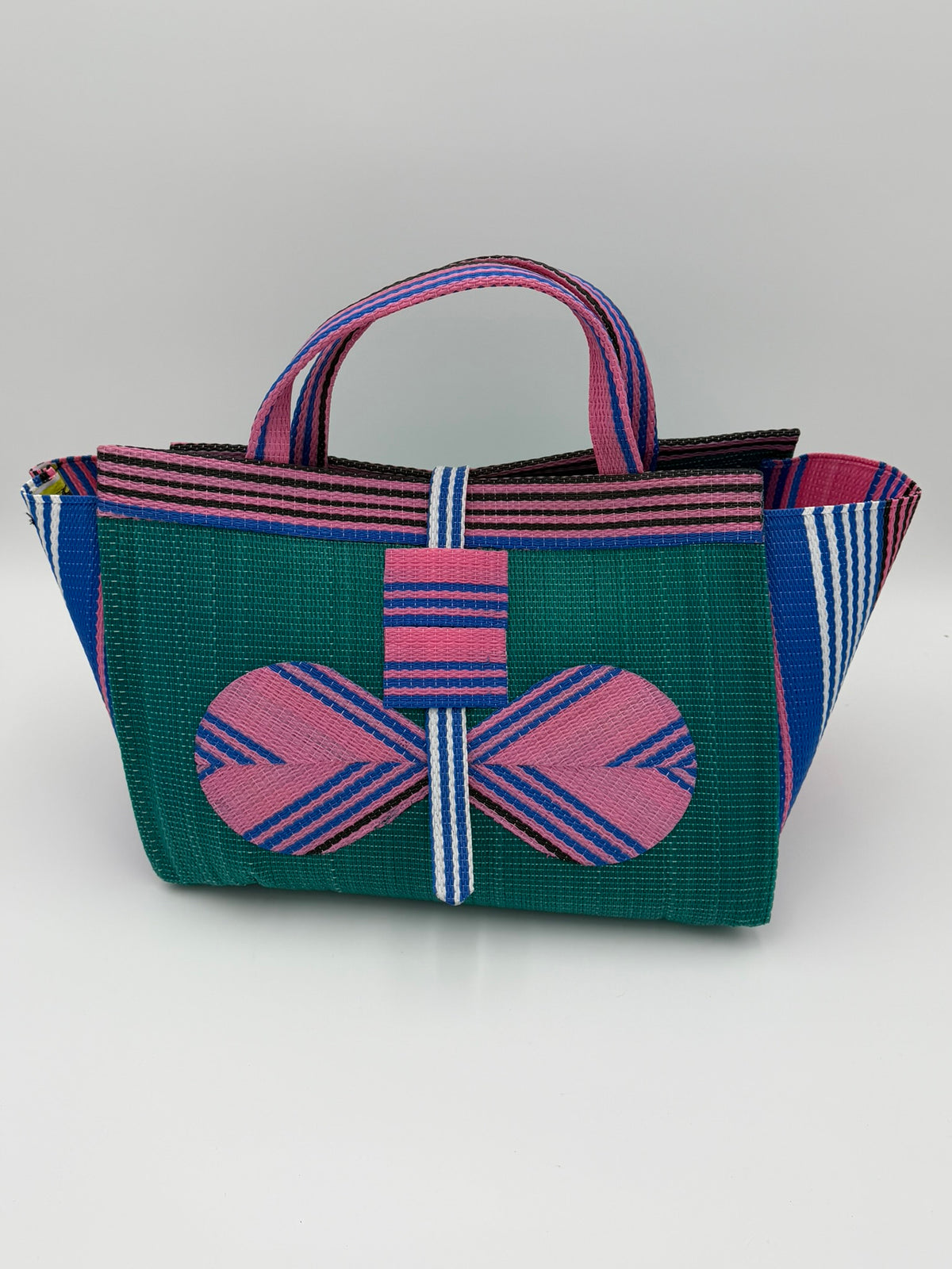 Candy Large handwoven tote bag by SCRUBIES in Green,Pink with Solid design and Bow accent pattern