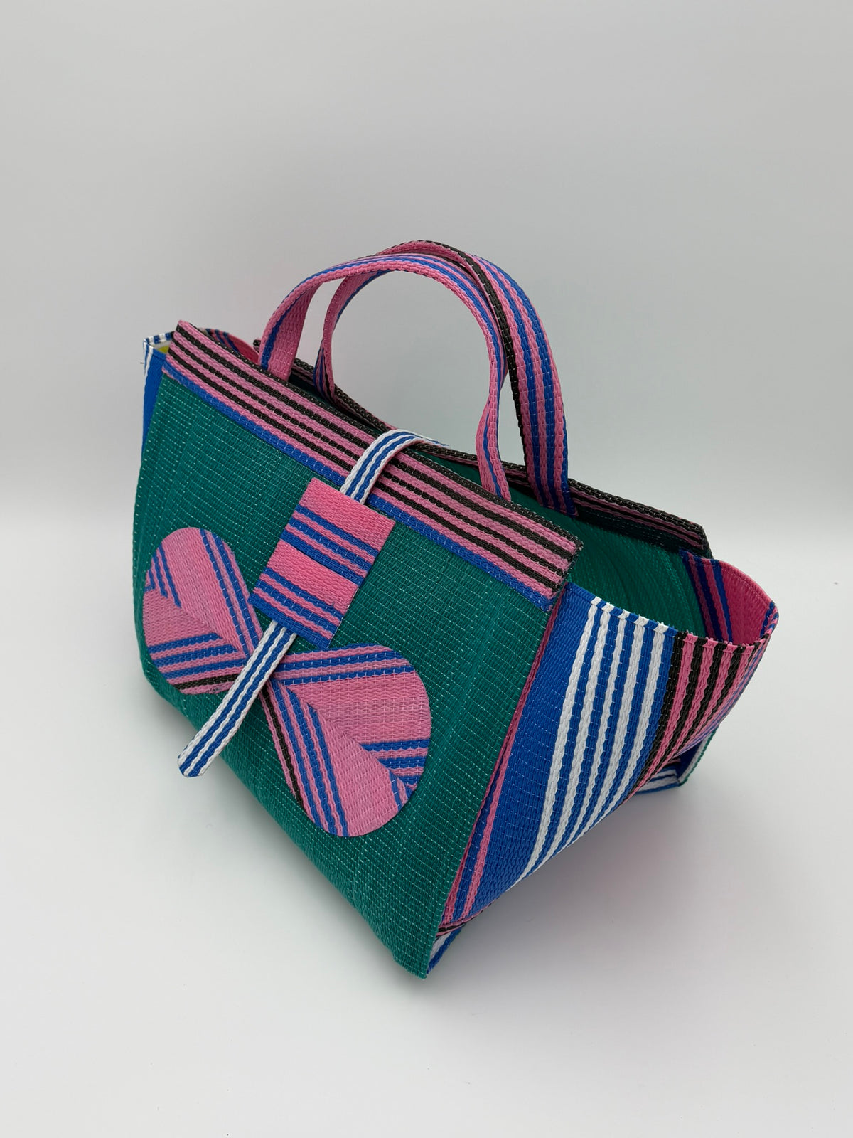 Candy Large handwoven tote bag by SCRUBIES in Green,Pink with Solid design and Bow accent pattern