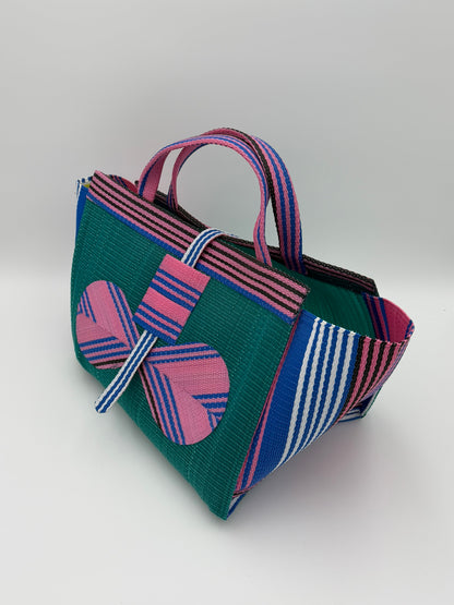 Candy Large handwoven tote bag by SCRUBIES in Green,Pink with Solid design and Bow accent pattern