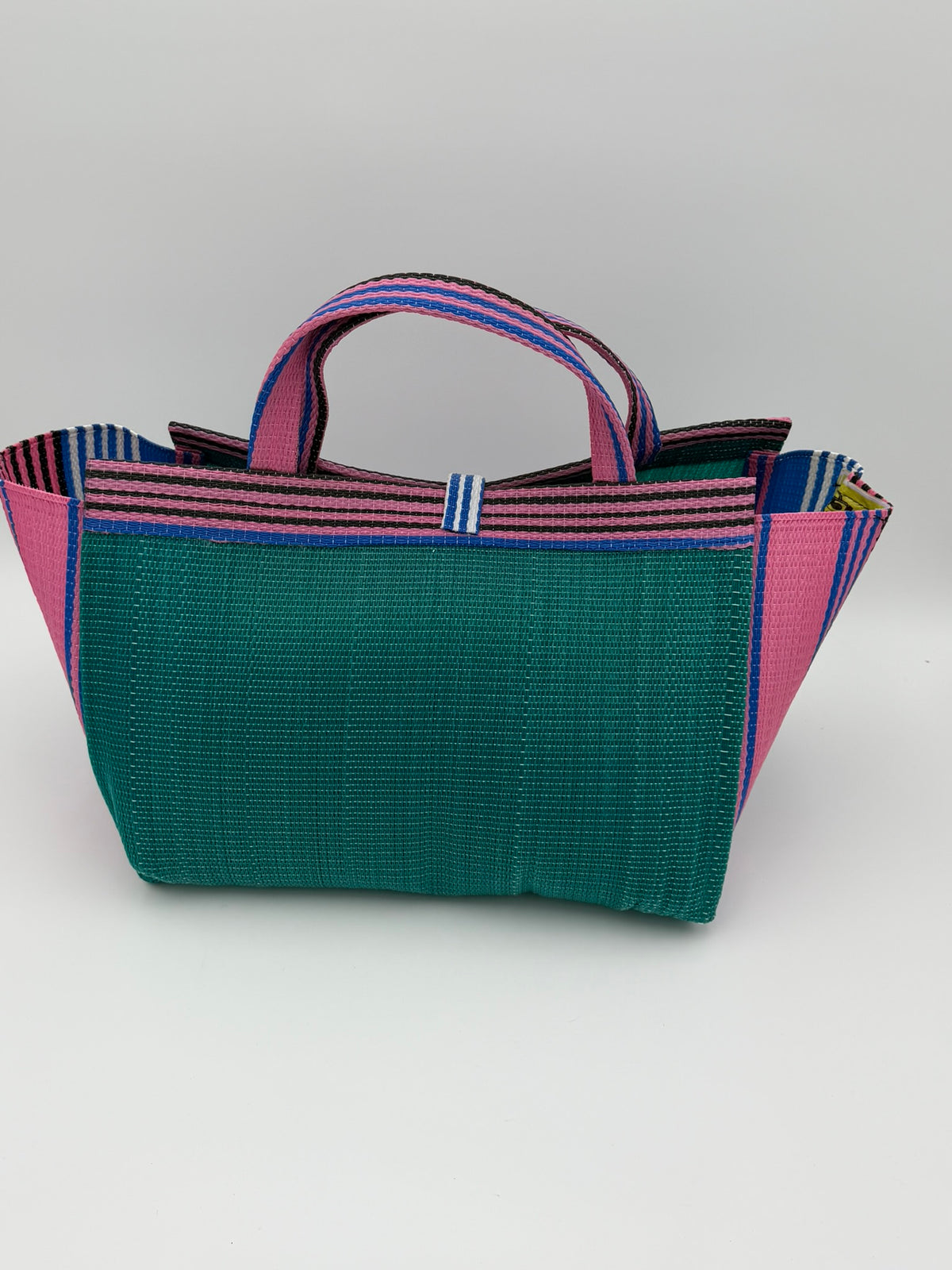 Candy Large handwoven tote bag by SCRUBIES in Green,Pink with Solid design and Bow accent pattern