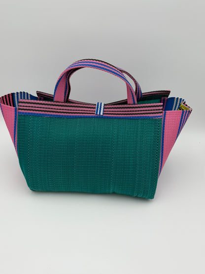 Candy Large handwoven tote bag by SCRUBIES in Green,Pink with Solid design and Bow accent pattern