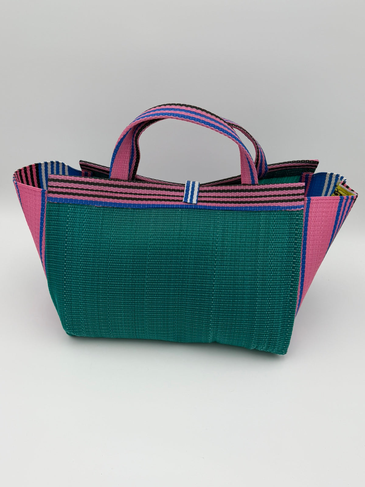 Candy Large handwoven tote bag by SCRUBIES in Green,Pink with Solid design and Bow accent pattern