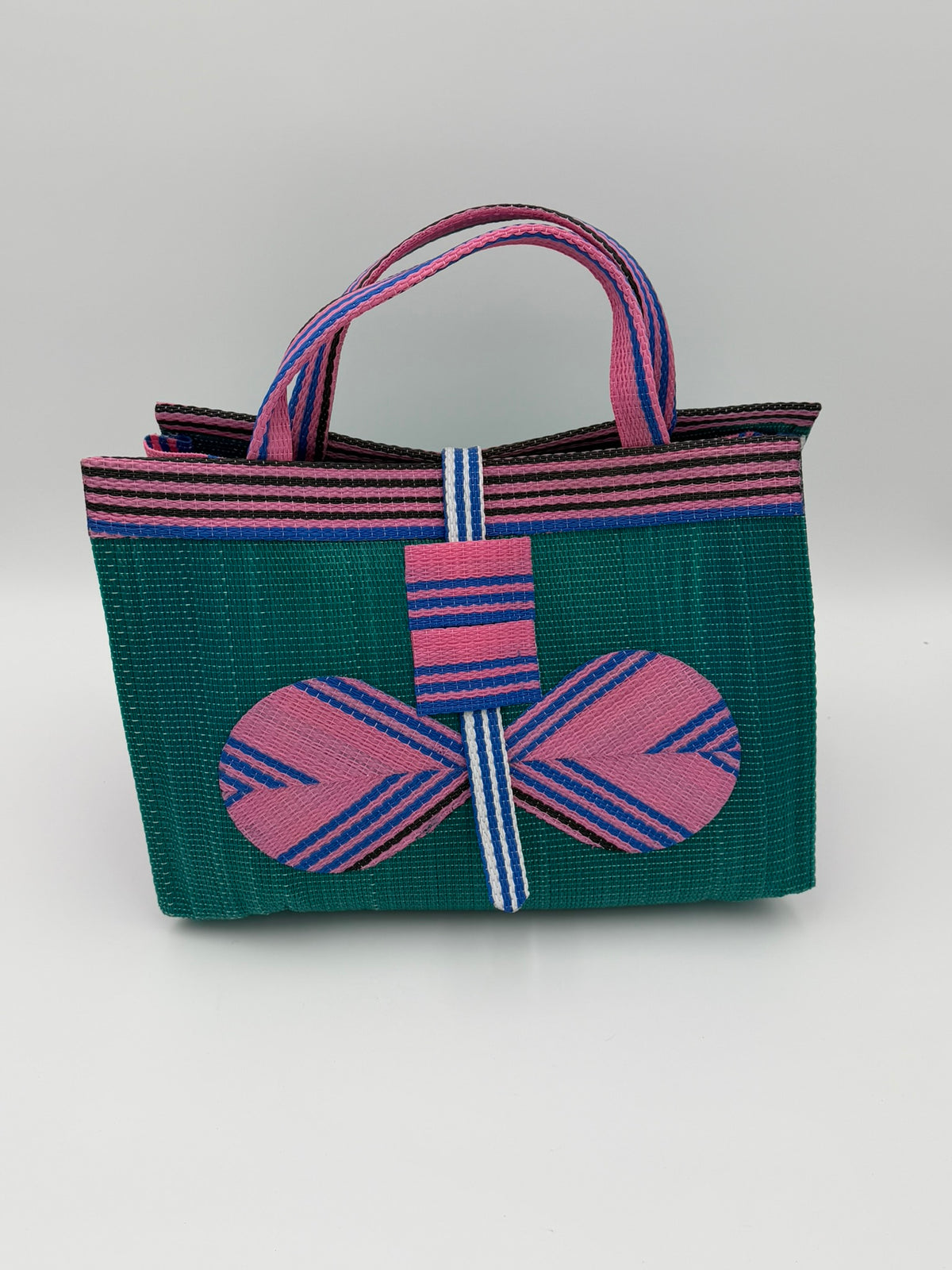 Candy Large handwoven tote bag by SCRUBIES in Green,Pink with Solid design and Bow accent pattern