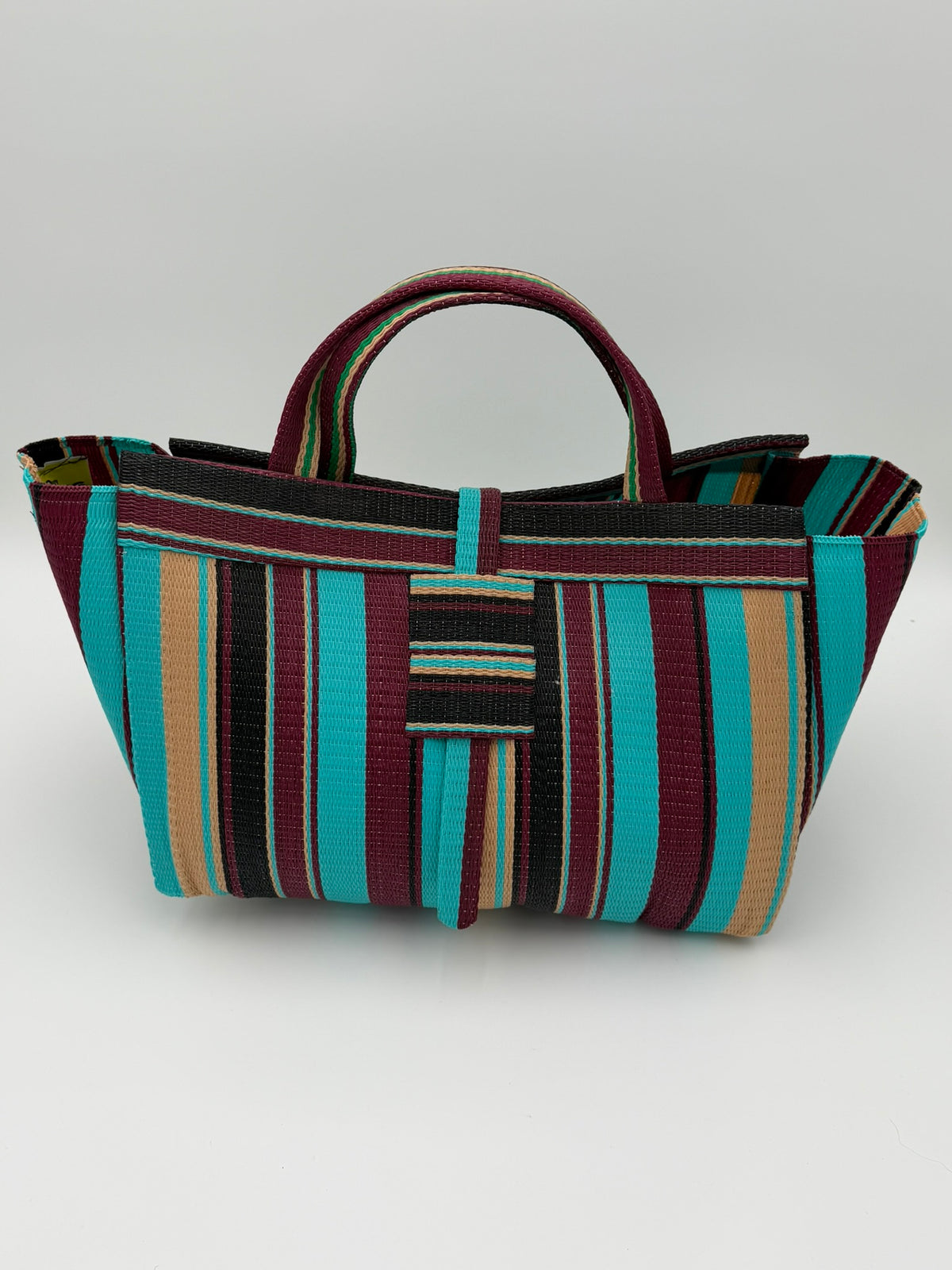 Boho Large handwoven tote bag by SCRUBIES in Turquoise,Wine,Beige, with Stripes design and None accent pattern