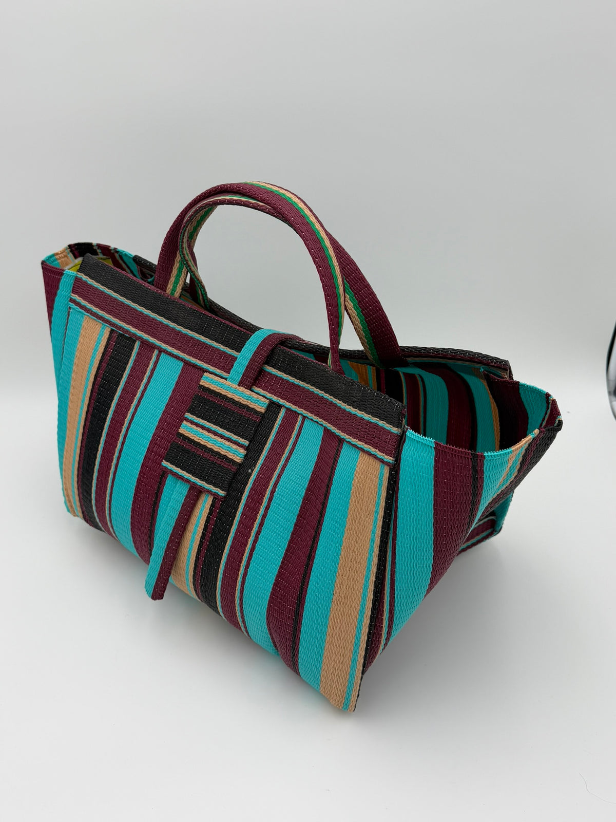 Boho Large handwoven tote bag by SCRUBIES in Turquoise,Wine,Beige, with Stripes design and None accent pattern