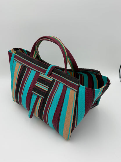 Boho Large handwoven tote bag by SCRUBIES in Turquoise,Wine,Beige, with Stripes design and None accent pattern
