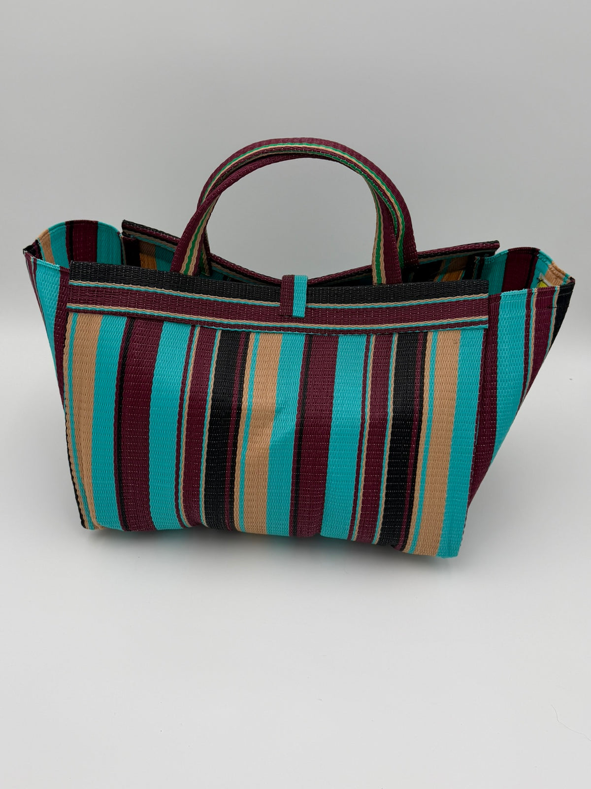 Boho Large handwoven tote bag by SCRUBIES in Turquoise,Wine,Beige, with Stripes design and None accent pattern