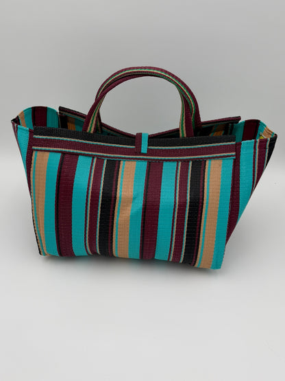 Boho Large handwoven tote bag by SCRUBIES in Turquoise,Wine,Beige, with Stripes design and None accent pattern