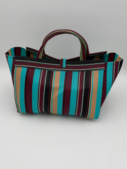 Boho Large handwoven tote bag by SCRUBIES in Turquoise,Wine,Beige, with Stripes design and None accent pattern