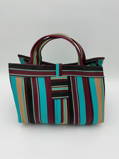 Boho Large handwoven tote bag by SCRUBIES in Turquoise,Wine,Beige, with Stripes design and None accent pattern