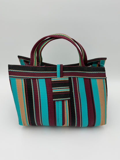 Boho Large handwoven tote bag by SCRUBIES in Turquoise,Wine,Beige, with Stripes design and None accent pattern
