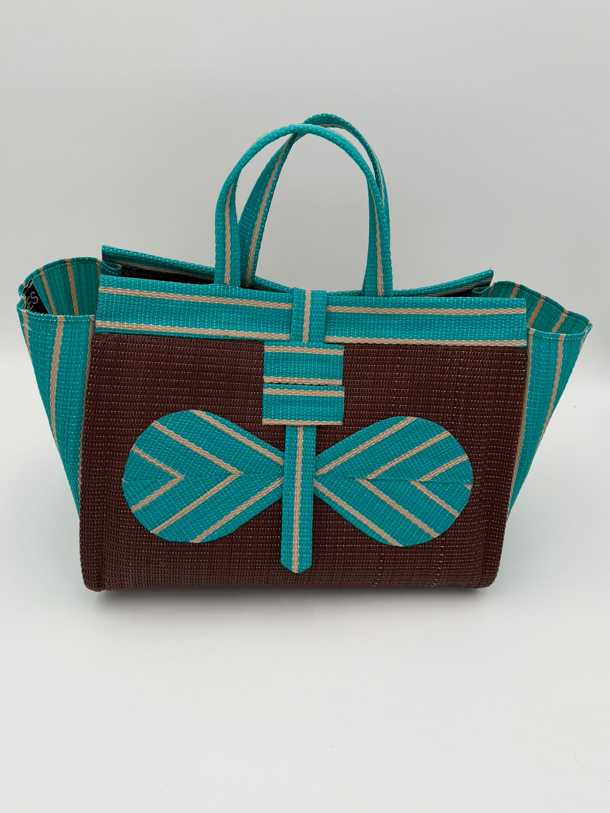 Brownie Large handwoven tote bag by SCRUBIES in Brown,Teal, with Solid design and Bow accent pattern
