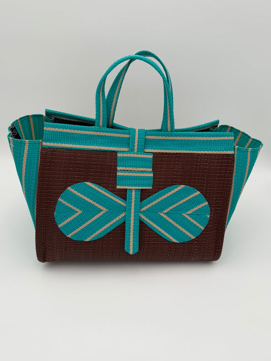 Brownie Large handwoven tote bag by SCRUBIES in Brown,Teal, with Solid design and Bow accent pattern