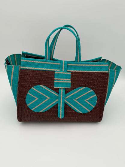 Brownie Large handwoven tote bag by SCRUBIES in Brown,Teal, with Solid design and Bow accent pattern