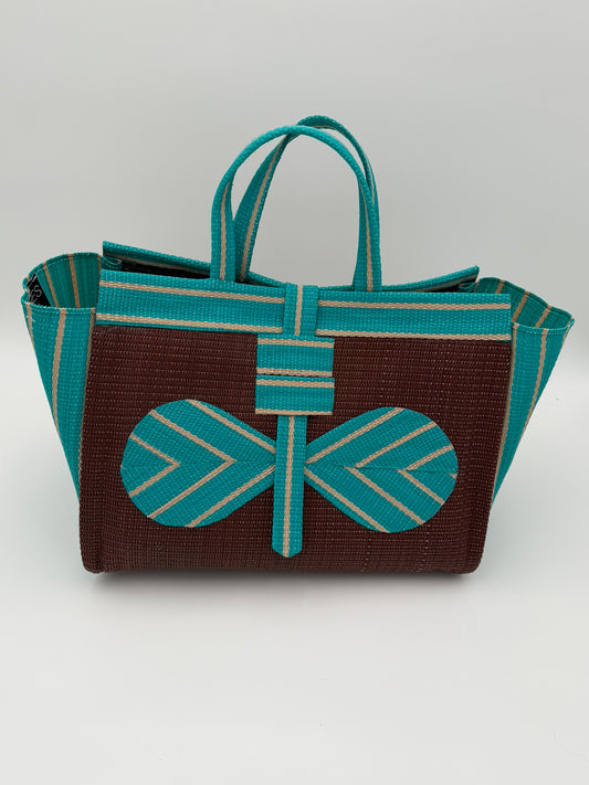 Brownie Large handwoven tote bag by SCRUBIES in Brown,Teal, with Solid design and Bow accent pattern