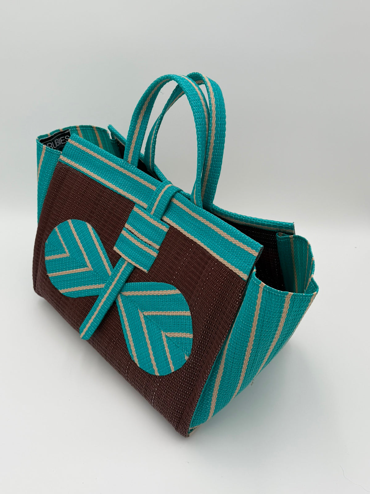 Brownie Large handwoven tote bag by SCRUBIES in Brown,Teal, with Solid design and Bow accent pattern