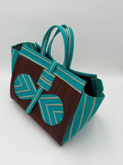 Brownie Large handwoven tote bag by SCRUBIES in Brown,Teal, with Solid design and Bow accent pattern