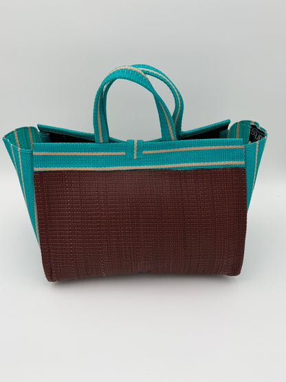 Brownie Large handwoven tote bag by SCRUBIES in Brown,Teal, with Solid design and Bow accent pattern