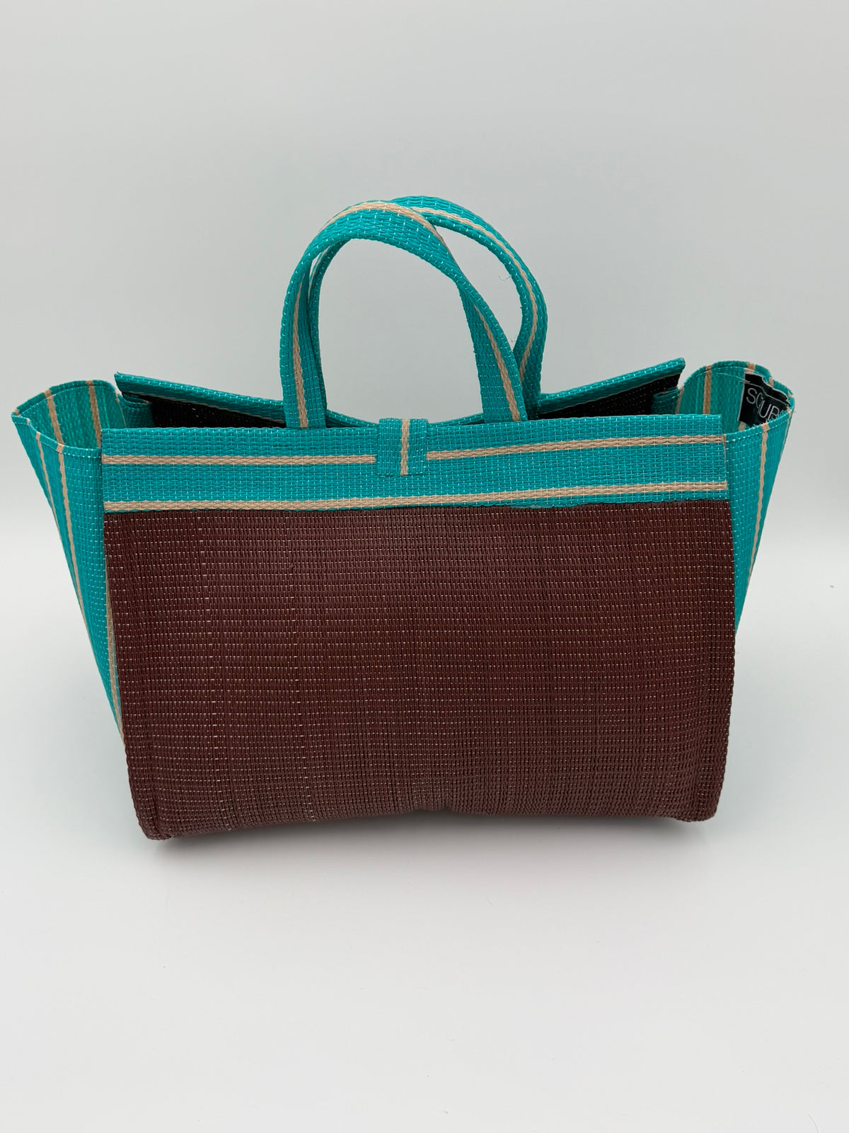 Brownie Large handwoven tote bag by SCRUBIES in Brown,Teal, with Solid design and Bow accent pattern