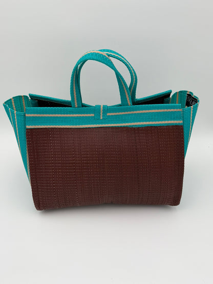 Brownie Large handwoven tote bag by SCRUBIES in Brown,Teal, with Solid design and Bow accent pattern