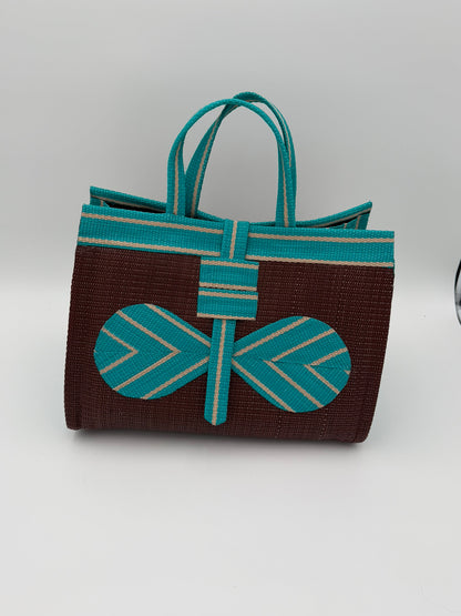 Brownie Large handwoven tote bag by SCRUBIES in Brown,Teal, with Solid design and Bow accent pattern