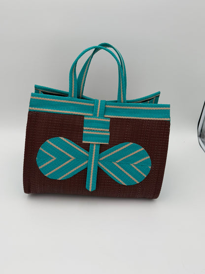 Brownie Large handwoven tote bag by SCRUBIES in Brown,Teal, with Solid design and Bow accent pattern