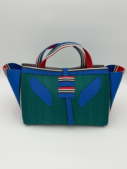 Emerald Large handwoven tote bag by SCRUBIES in Green,Blue,Red with Solid design and Leaf accent pattern