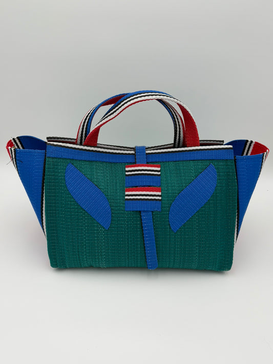 Emerald Large handwoven tote bag by SCRUBIES in Green,Blue,Red with Solid design and Leaf accent pattern