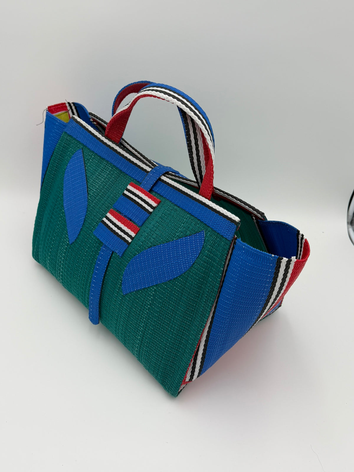 Emerald Large handwoven tote bag by SCRUBIES in Green,Blue,Red with Solid design and Leaf accent pattern