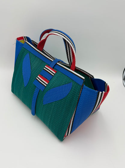 Emerald Large handwoven tote bag by SCRUBIES in Green,Blue,Red with Solid design and Leaf accent pattern