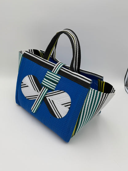 Lagoon Large handwoven tote bag by SCRUBIES in Blue,White,Green with Solid design and Bow accent pattern