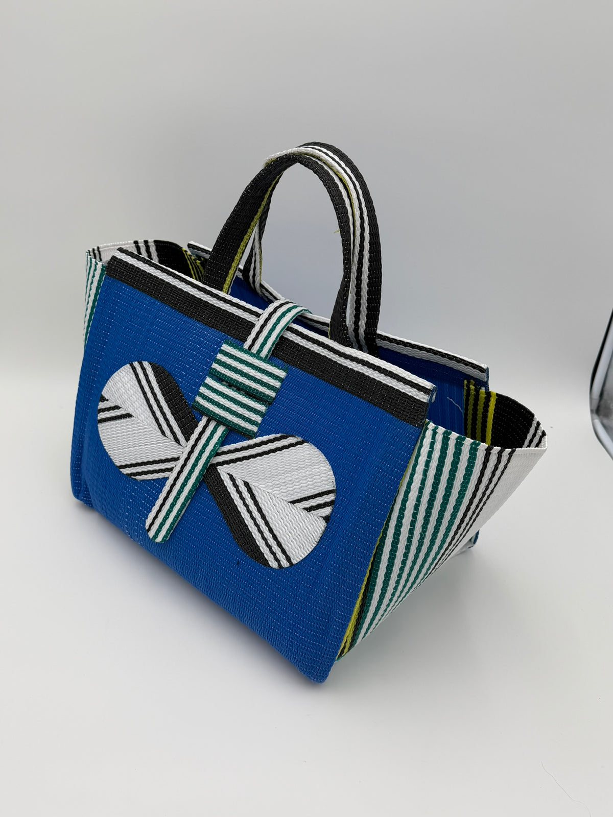 Lagoon Large handwoven tote bag by SCRUBIES in Blue,White,Green with Solid design and Bow accent pattern