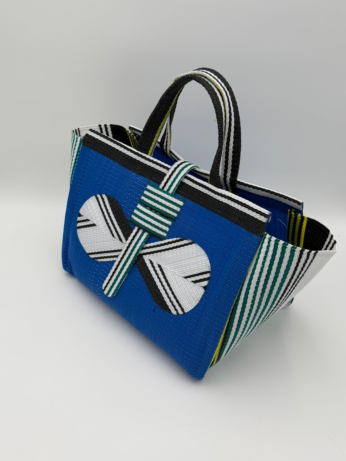 Lagoon Large handwoven tote bag by SCRUBIES in Blue,White,Green with Solid design and Bow accent pattern